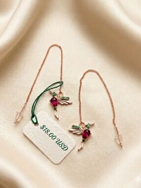 Rose Gold Hummingbird Threader Earrings with Red and Green Crystals